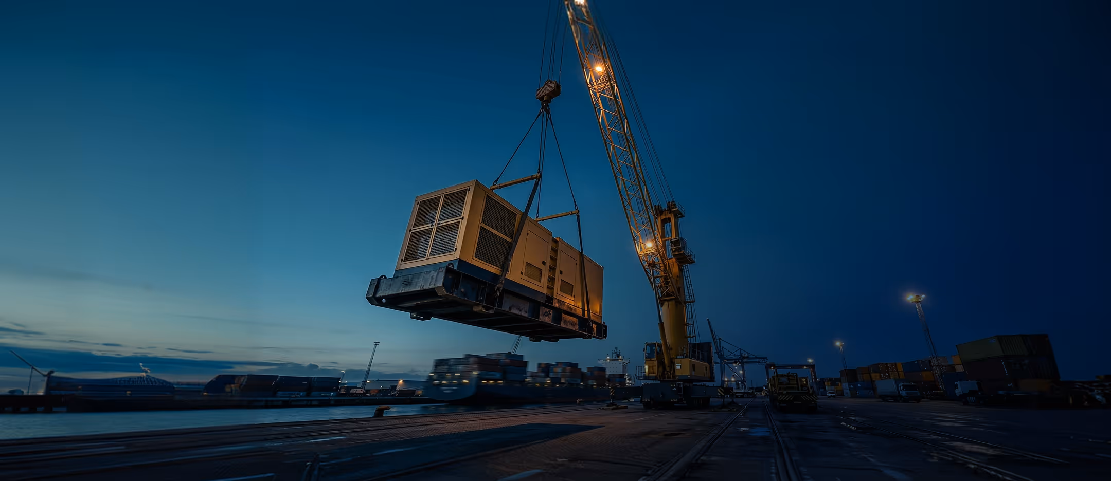 Industrial crane lifting large equipment at a shipping port during dusk.