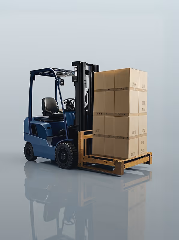 Blue forklift carrying a wooden pallet stacked with cardboard boxes against a plain background.