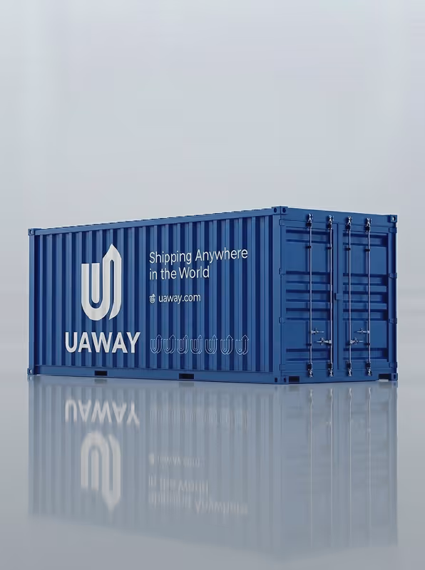 Blue shipping container with UAWAY logo and text reading 'Shipping Anywhere in the World' and 'uaway.com' on the side.