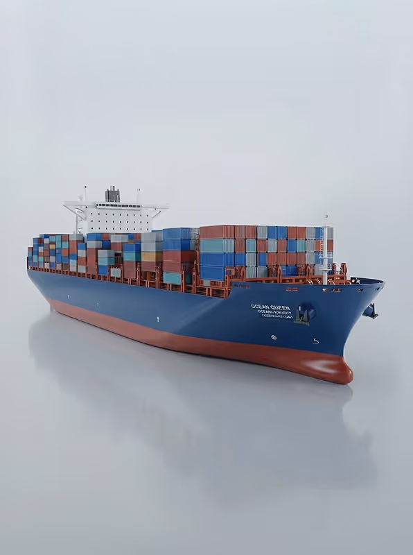 Large container cargo ship named Ocean Queen loaded with multicolored shipping containers on a calm water surface.