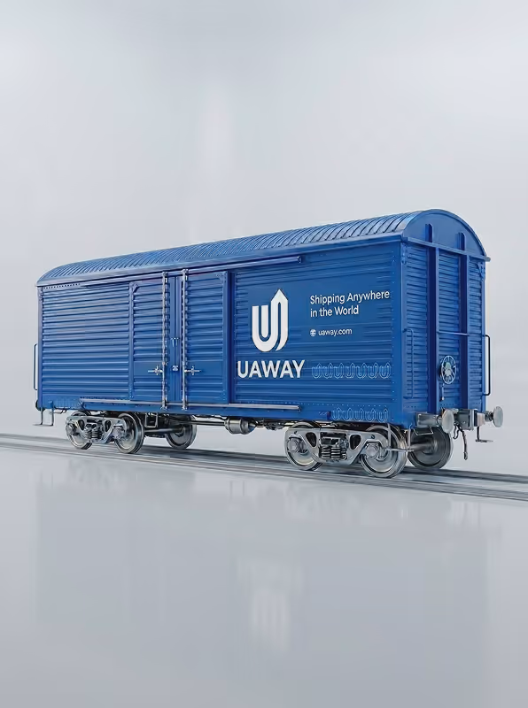 Blue freight train boxcar with UAWAY logo and text 'Shipping Anywhere in the World' on a light background.