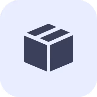 Icon of a closed cardboard box on a light purple rounded square background.