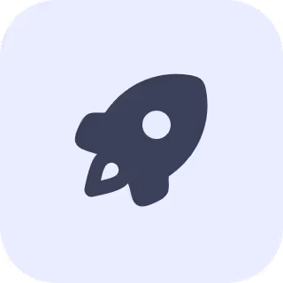 Icon of a dark rocket ship centered on a rounded square with a light blue background.