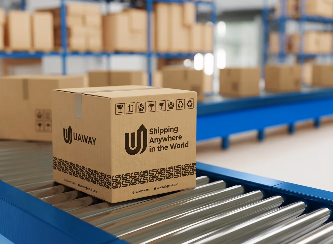 Cardboard shipping box labeled 'Shipping Anywhere in the World' on a conveyor belt in a warehouse.