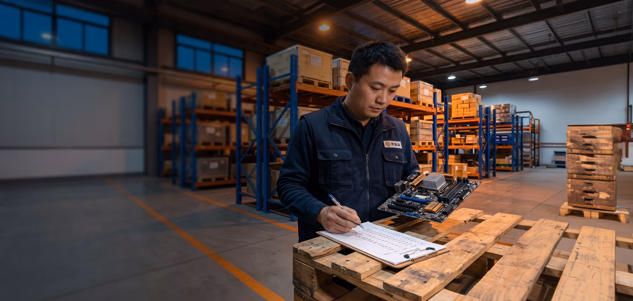 Warehouse worker inspecting a circuit board and recording notes on a clipboard in a storage area with shelves of boxes.