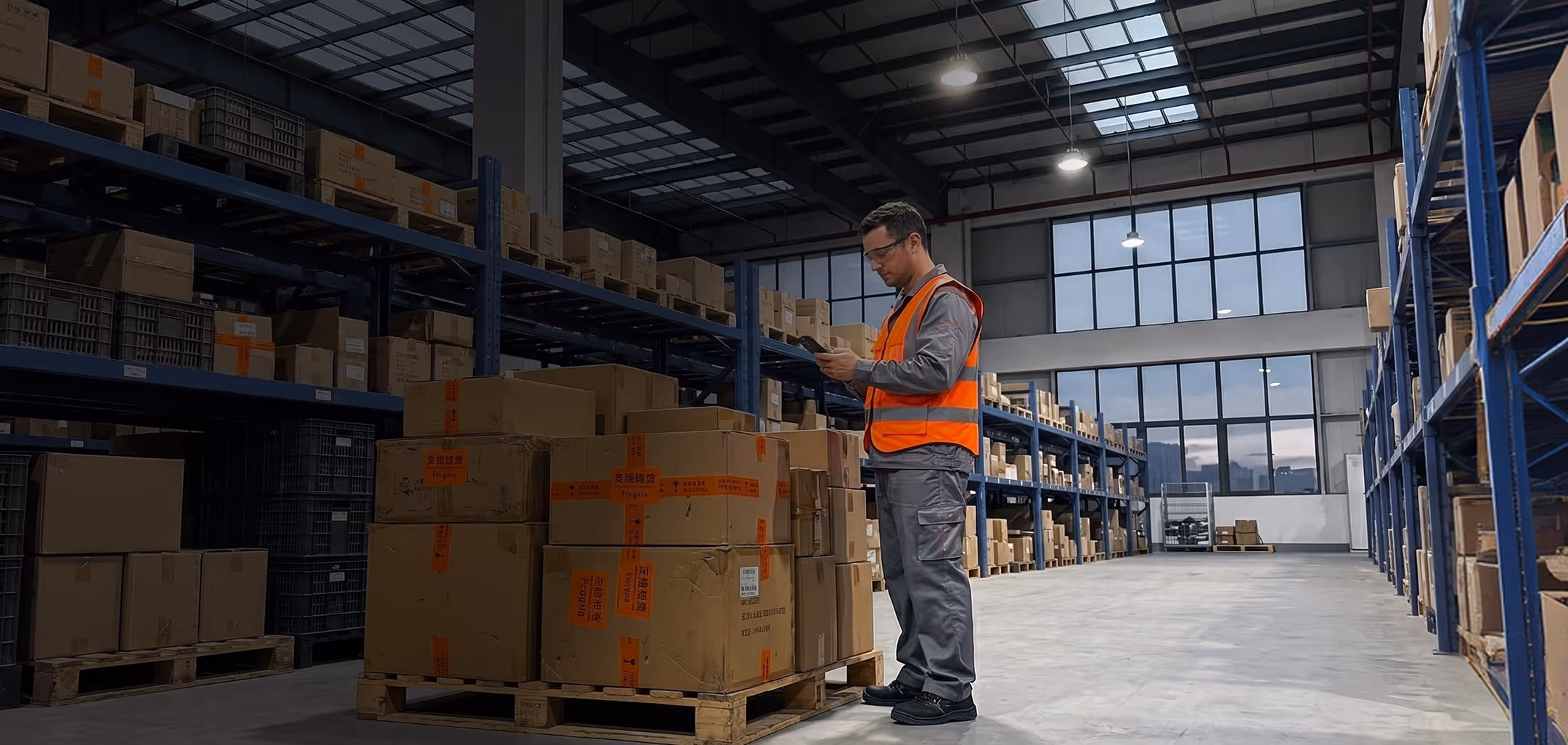 Warehouse worker in a safety vest checking packages on pallet surrounded by shelves with boxes.