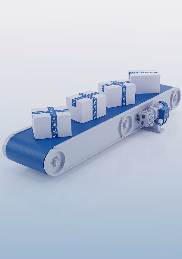 Conveyor belt carrying four white packages with blue tape arranged in ascending order of size.