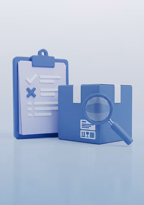 Blue clipboard with a checklist and a blue package with a magnifying glass highlighting the label.