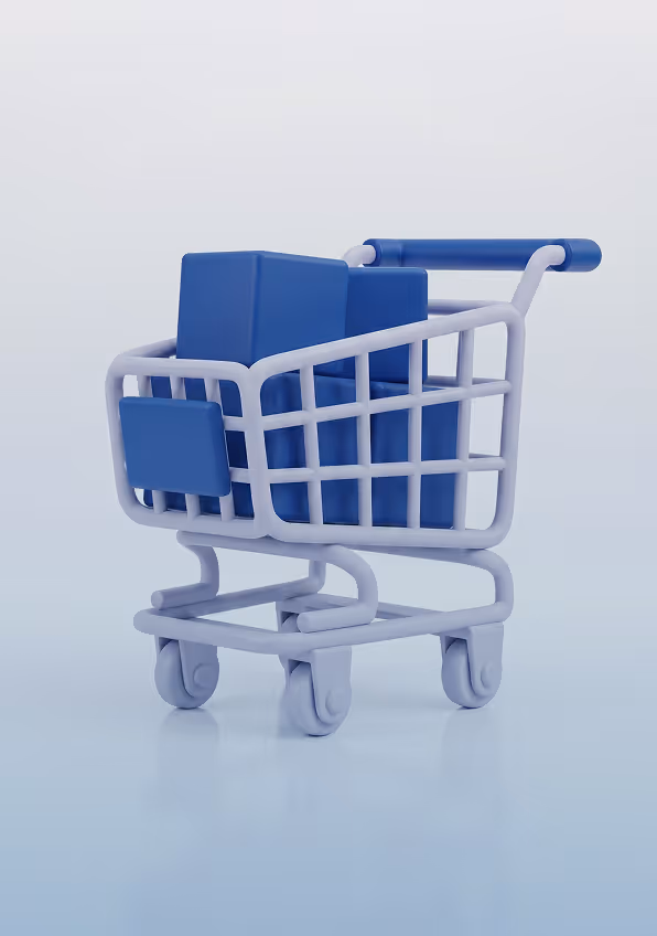 Minimalistic shopping cart with two large blue boxes inside on a reflective surface.