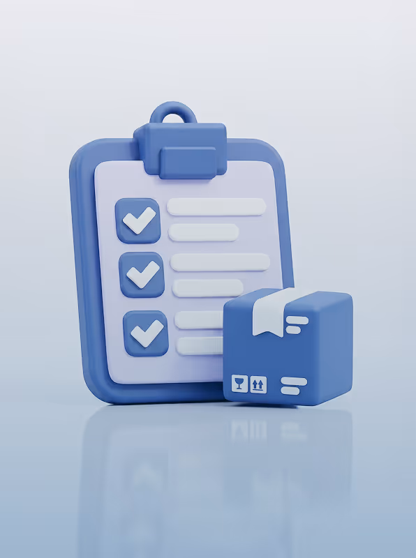 3D illustration of a clipboard with a checklist and a sealed package box with handling symbols.