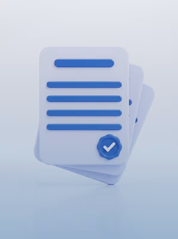 Stack of white digital documents with blue text lines and a blue checkmark seal on the front page.