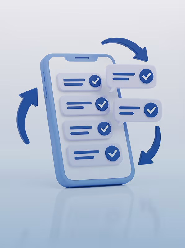 3D illustration of a smartphone with blue check-marked messages and circular arrows around it indicating message synchronization or update.