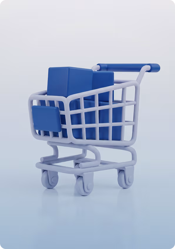 3D illustration of a white shopping cart containing two blue rectangular boxes on a reflective surface.