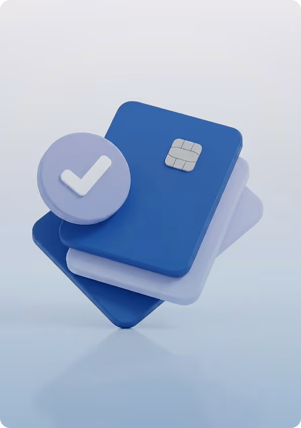 Stack of blue and light blue credit cards with a circular icon featuring a white checkmark on the left.
