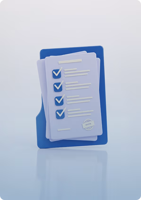 Stack of documents with checkmarks on a blue clipboard against a light background.