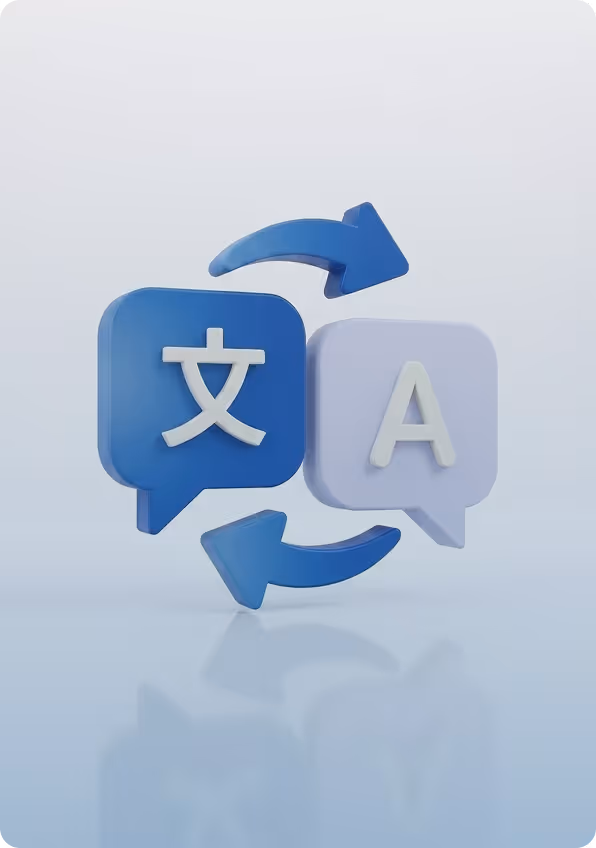 3D icons of two speech bubbles with language symbols and arrows indicating translation between languages.