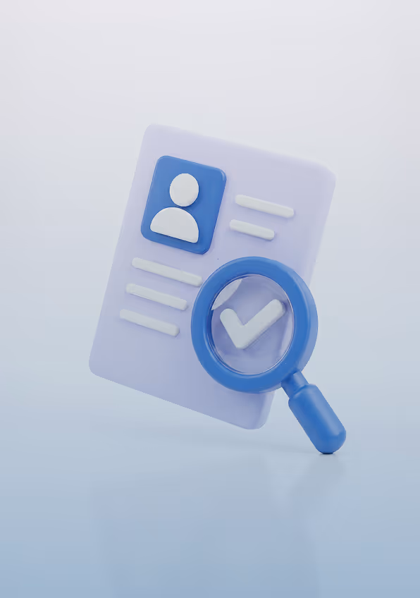 3D illustration of a document with user profile icon and lines representing text, under a magnifying glass with a check mark.