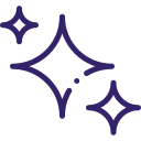 Three purple sparkle stars of different sizes on a white background.