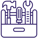 Outline icon of a toolbox containing a hammer, screwdriver, wrench, and pliers.