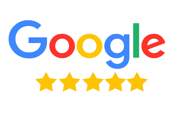 Glowing Google logo with five illuminated yellow stars below, indicating a high rating.