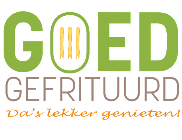 Logo van Goed Gefrituurd met groene letters en drie frietjes in een cirkel, plus de slogan Da's lekker genieten! in oranje.