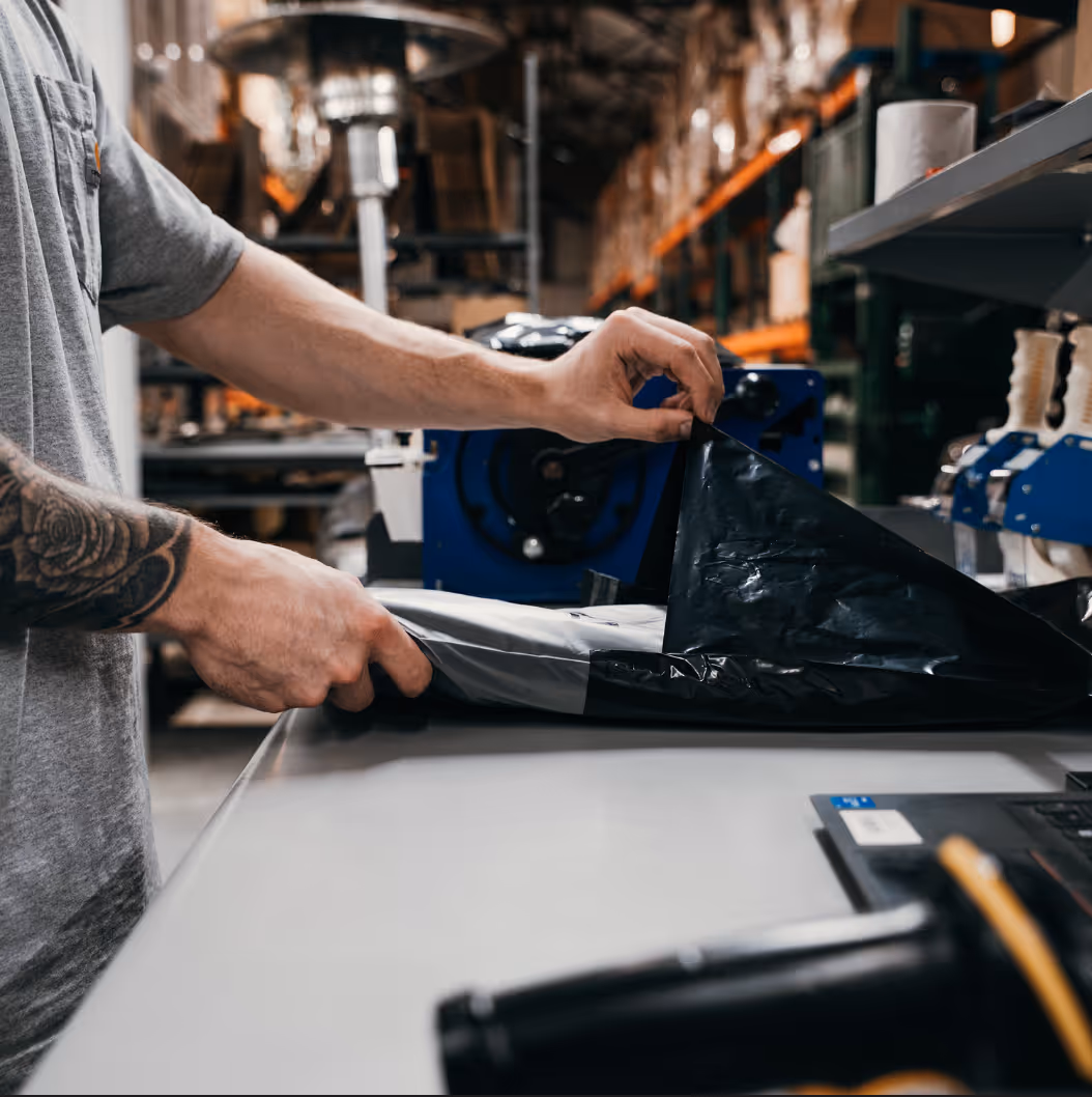 Person with a tattoo on left arm sealing a black plastic package on a worktable in a warehouse.