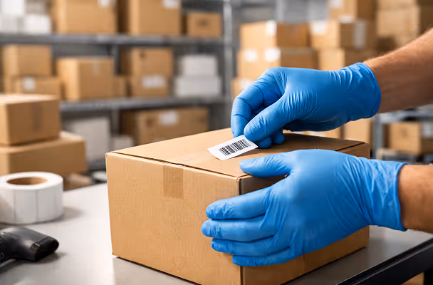 Person wearing blue gloves applying a barcode label to a sealed cardboard box in a warehouse with stacked boxes in the background.