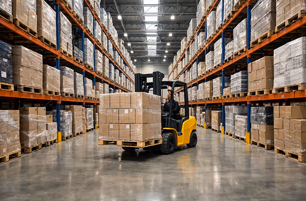 Yellow forklift moving a pallet stacked with cardboard boxes in a large warehouse aisle with tall shelves holding wrapped pallets.