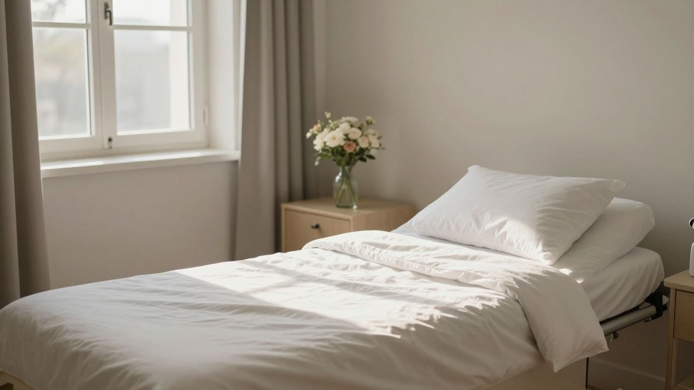 Peaceful recovery room with sunlight and flowers.