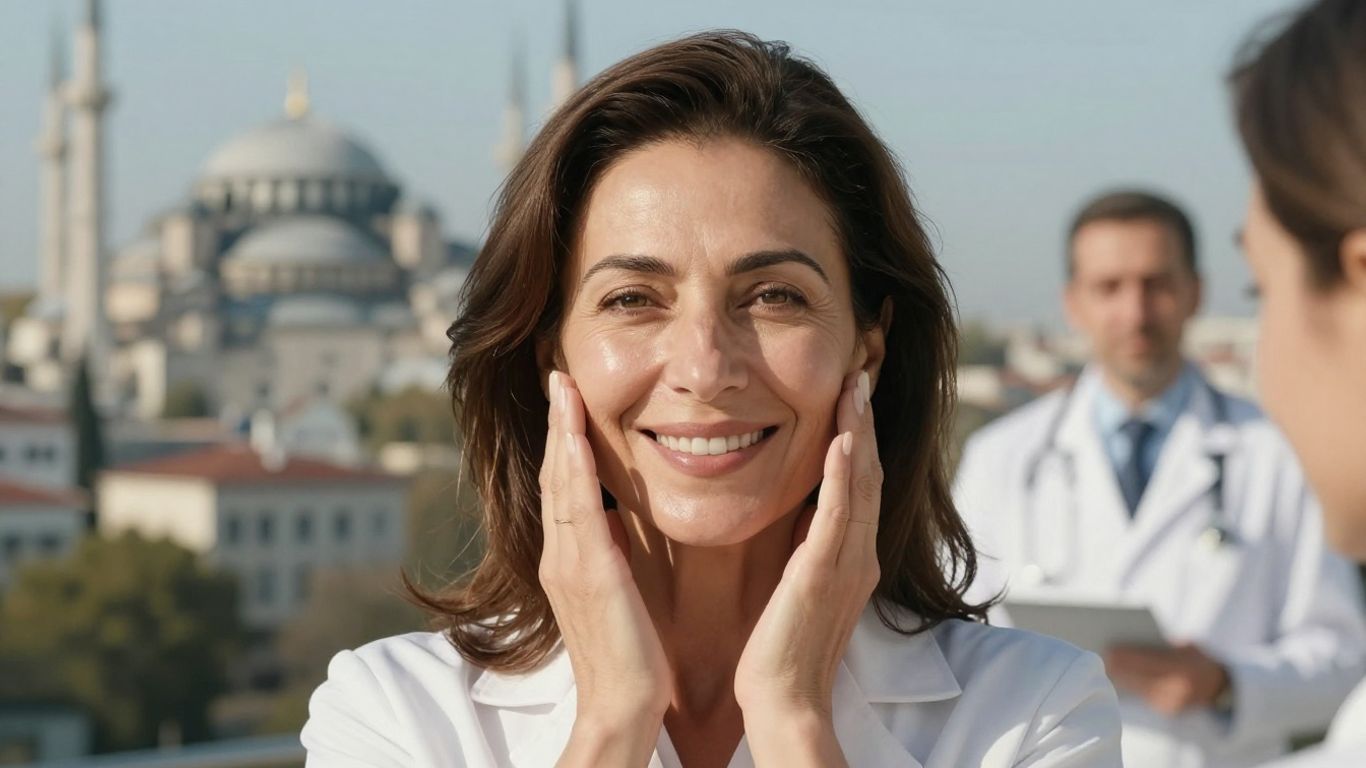 Middle-aged woman smiling after mini face lift in Turkey