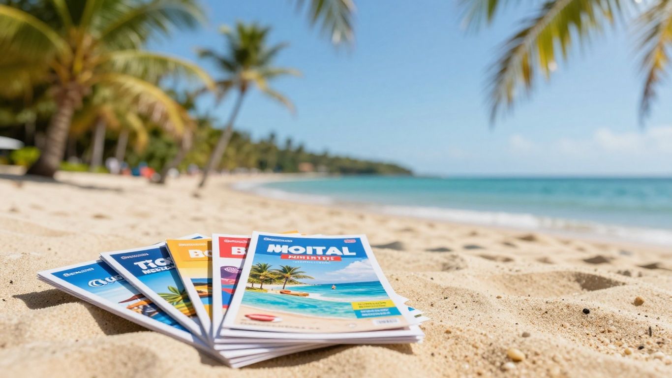 Brazilian beach with hotel brochures for affordable stays.