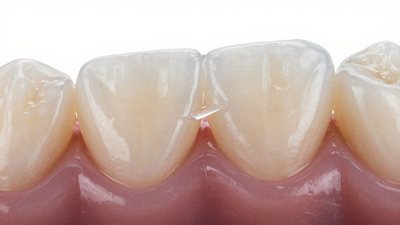 Close-up of natural tooth under a dental veneer.