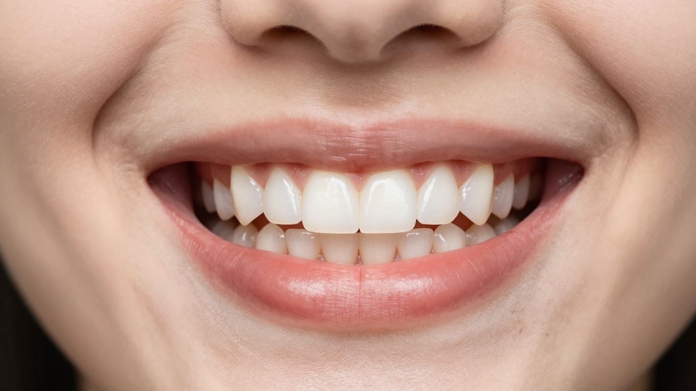 Close-up of a smile with composite veneers after 5 years.