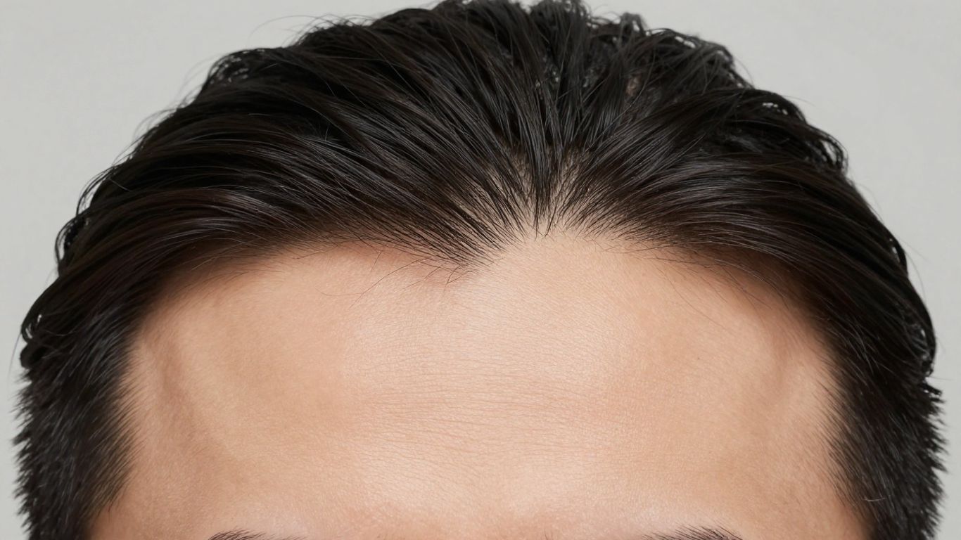 Forehead reduction surgery result showing hairline and forehead.