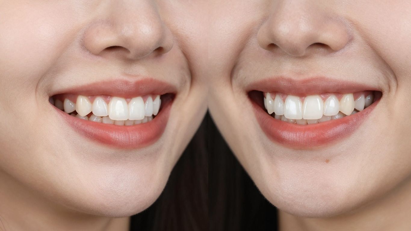Before and after smile transformation with dental veneers.