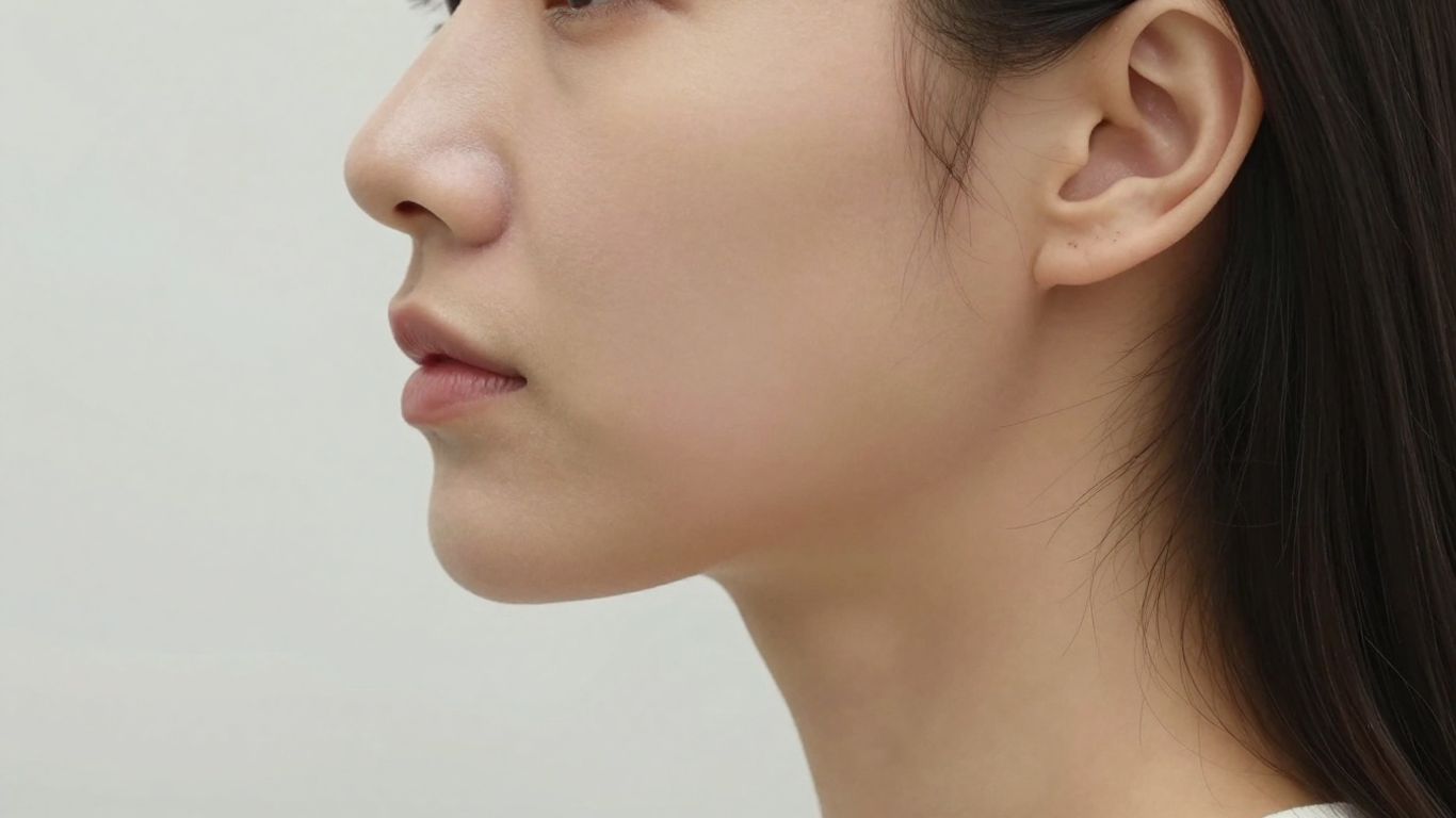 Woman's profile showing lifted jawline and neck after facelift.