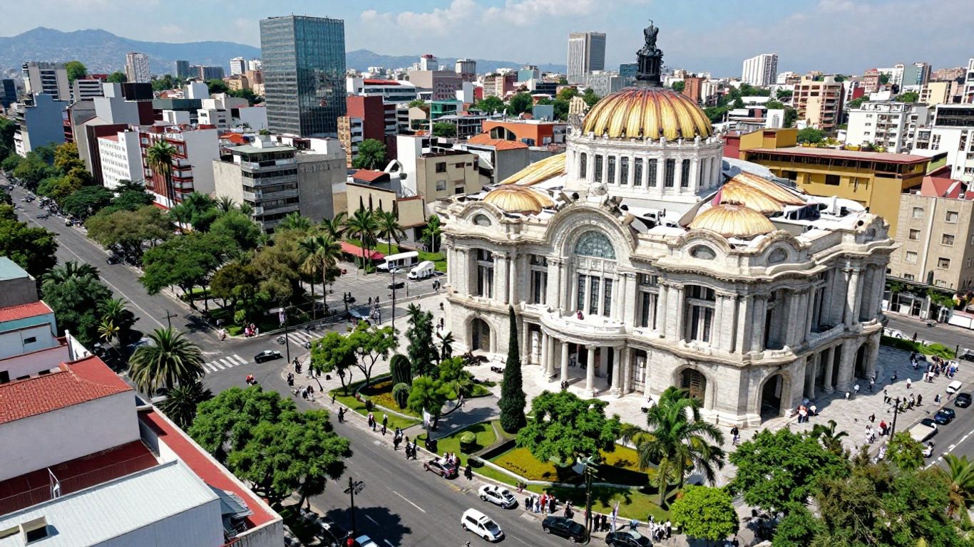 Mexico City skyline with iconic architecture and greenery.