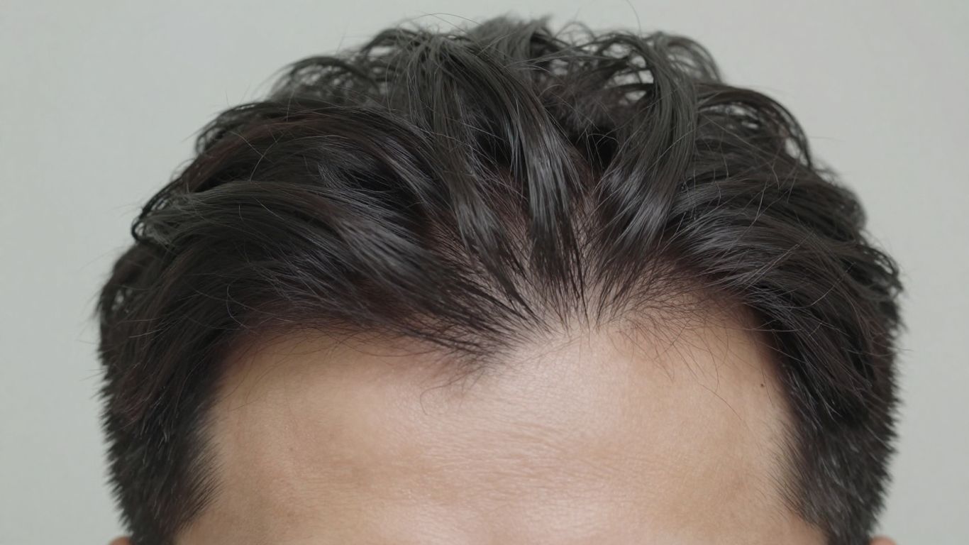 Man's hairline with natural-looking hair transplant results.