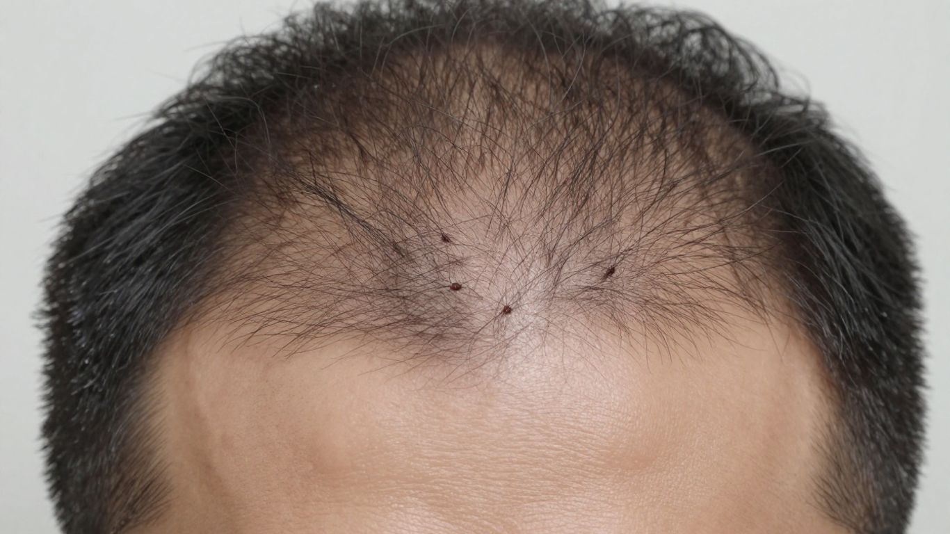 FUE hair transplant results on a man's scalp.