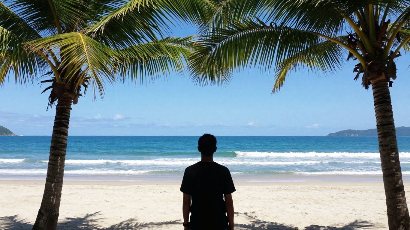 Brazilian beach with person silhouette, ocean, and palm trees.