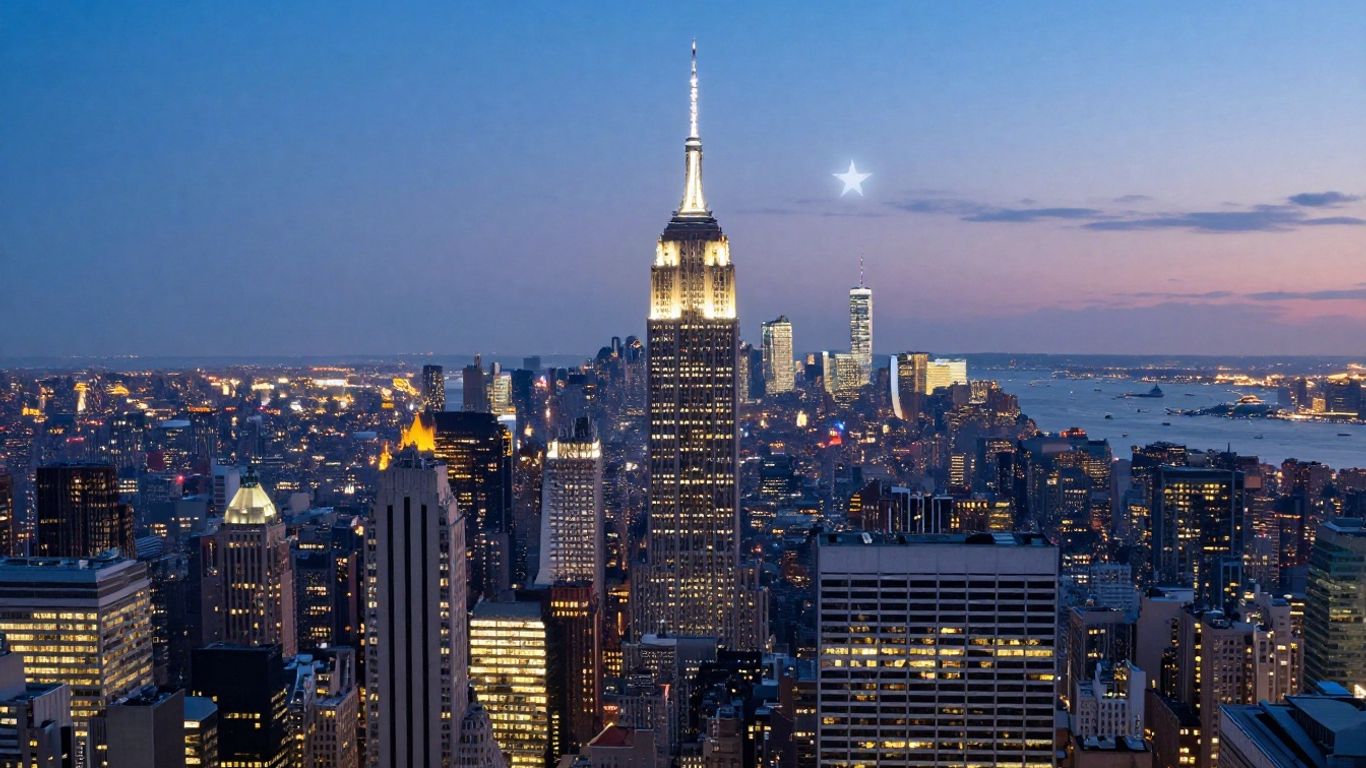 New York City skyline at dusk with a star icon.