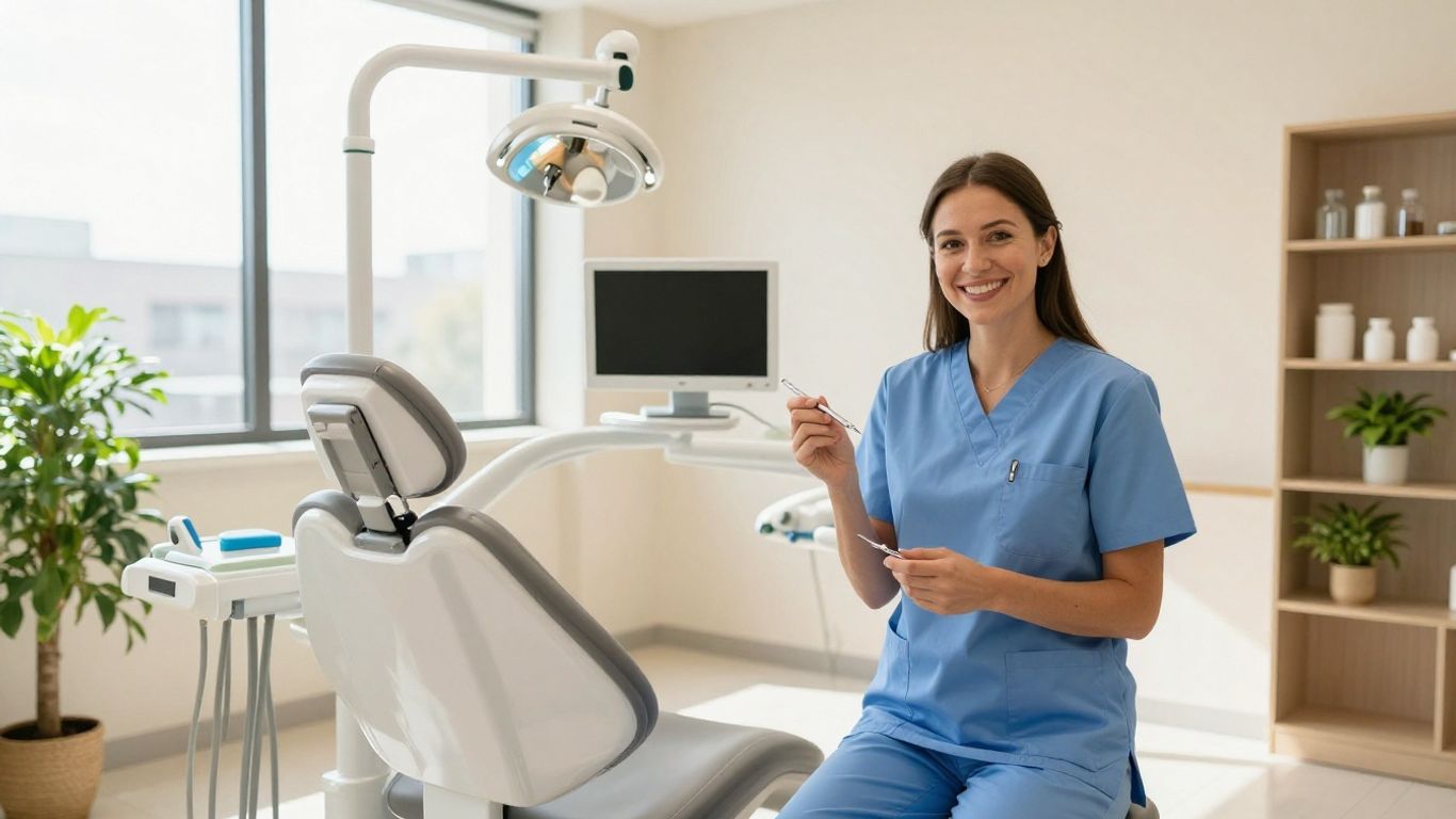 Premier Dental office interior with dentist.