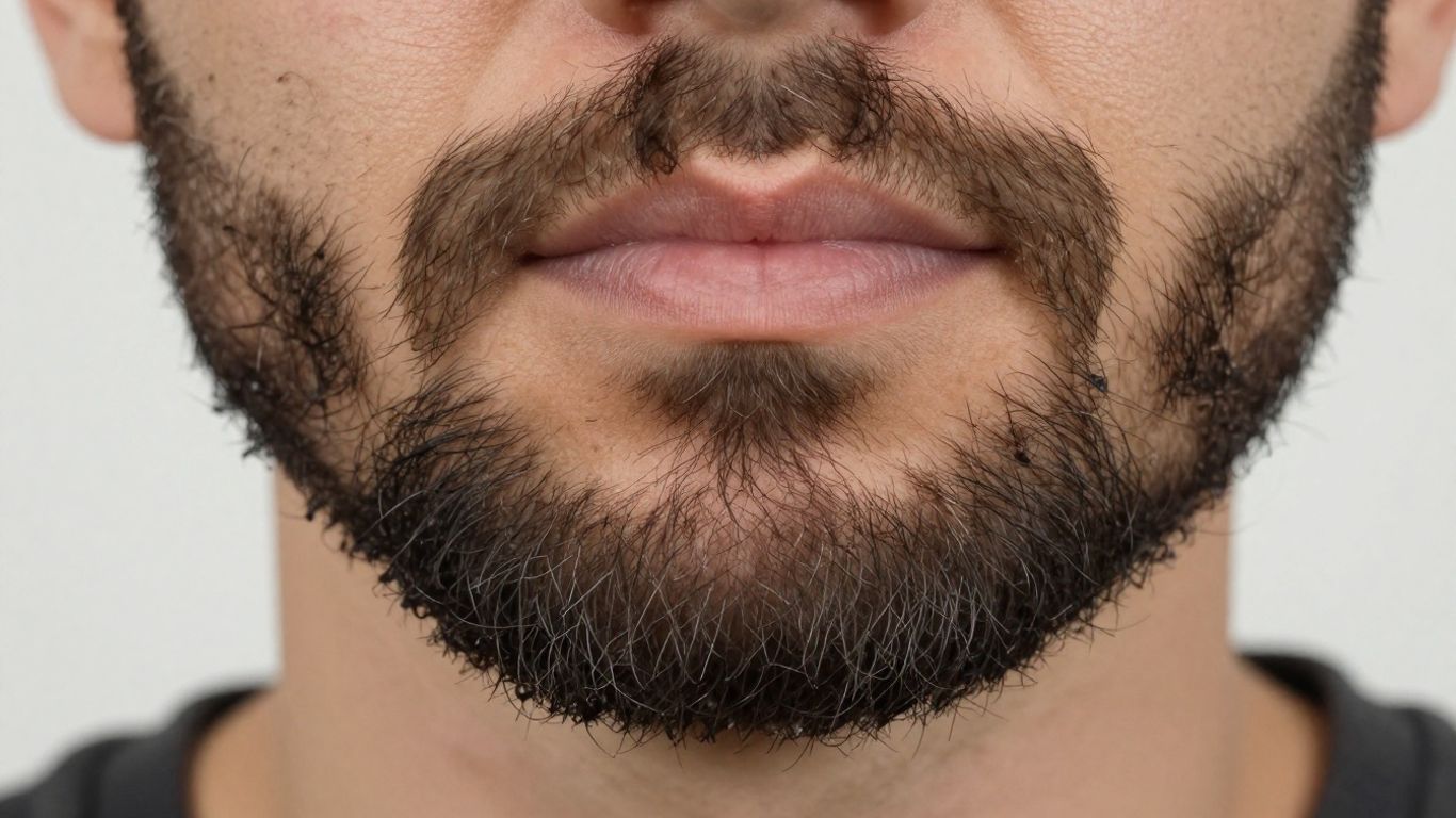 Close-up of a man's beard after hair plug transplantation.