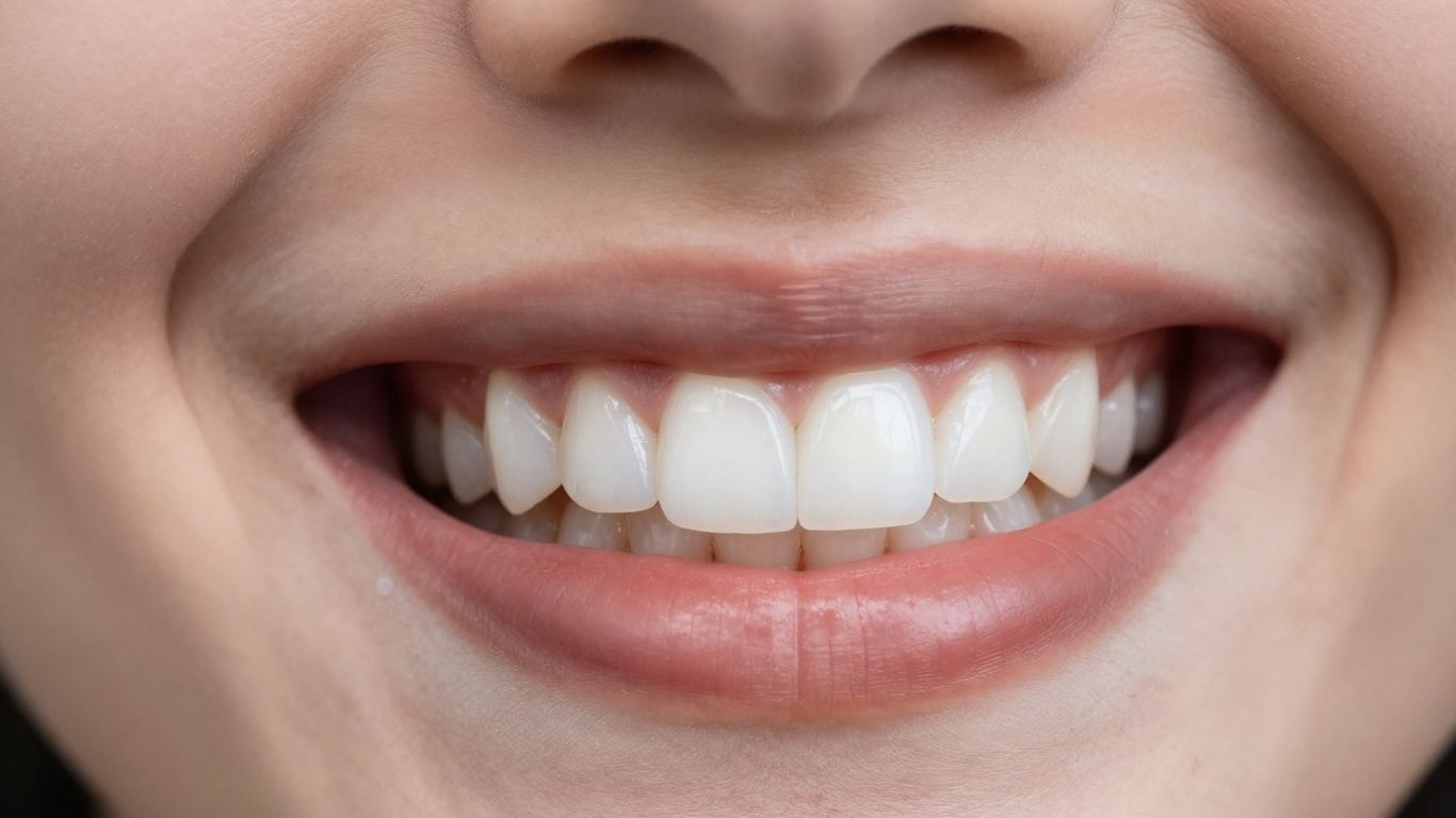 Close-up of a bright, white smile with composite veneers.