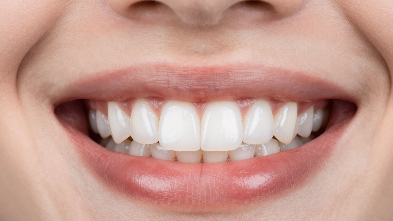 Close-up of a perfect smile with composite veneers.