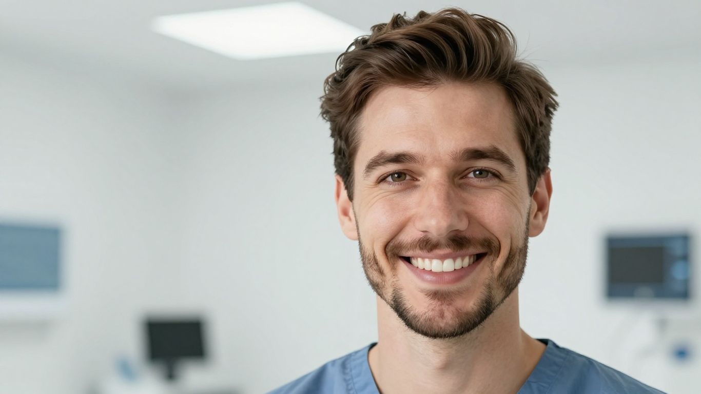 Man with successful hair transplant smiling confidently.