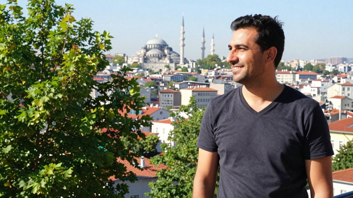 Man smiling with Istanbul skyline and green trees.