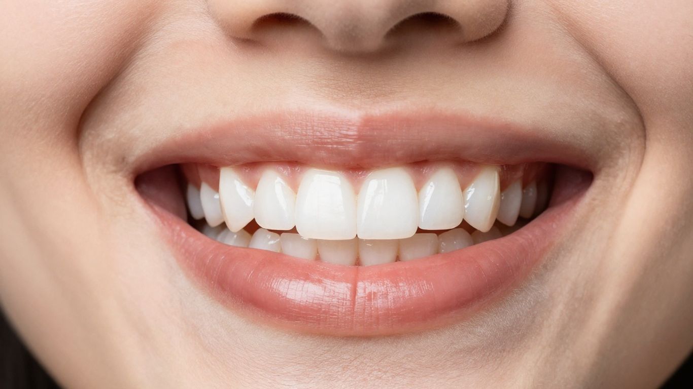 Close-up of a perfect smile with composite veneers.