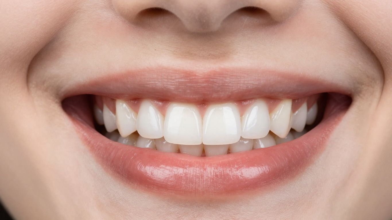 Close-up of a perfect smile with porcelain veneers.