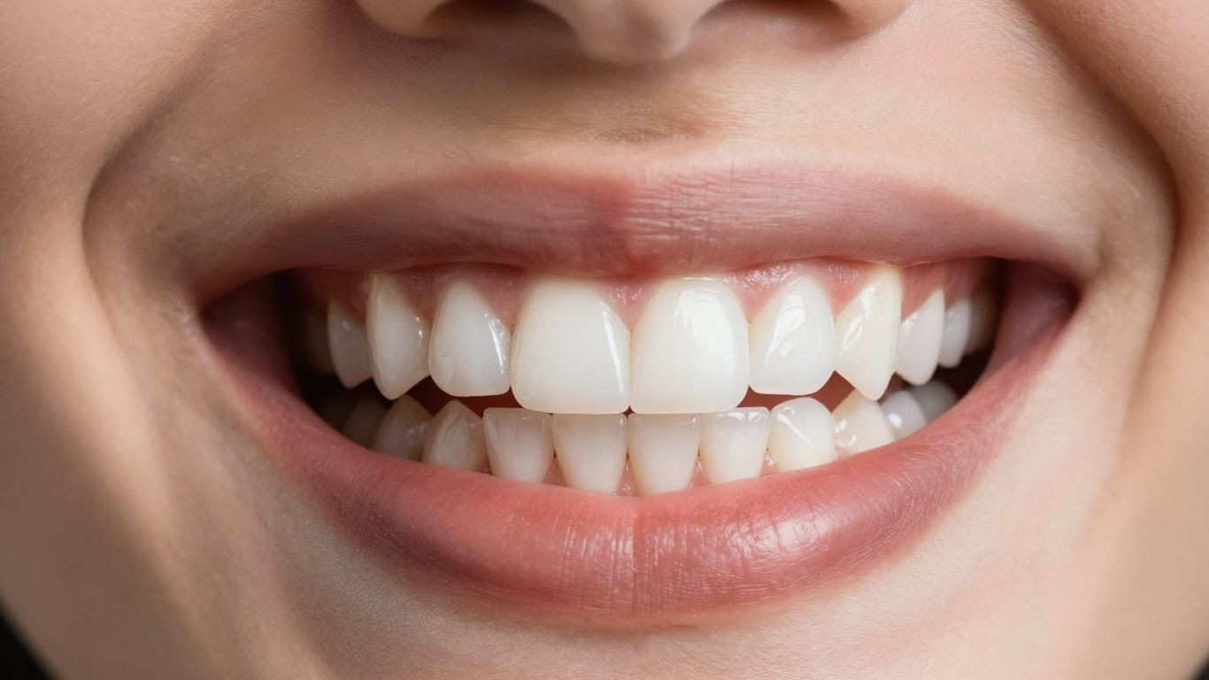 Close-up of a perfect smile with white composite veneers.